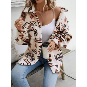Women's Ethnic Style Print Pocket Warm Plush Coat, Long Sleeve Fitted Jacket for Fall & Winter, Contemporary Fashion Outerwear