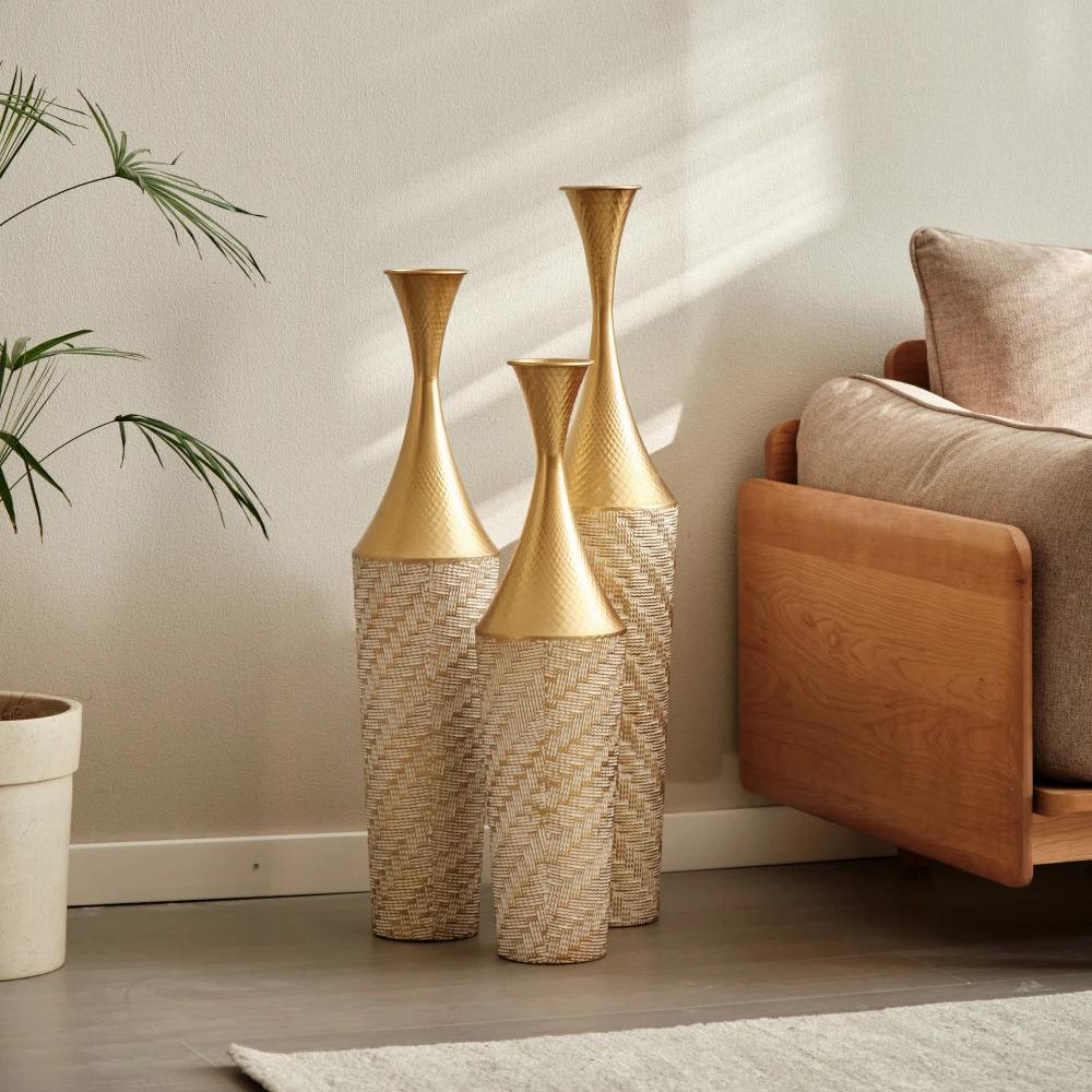 Modern Style 3-Piece Set Large Glazed Metal Floor Vase Woven Pattern Home Decoration Gorgeous Home Decor