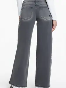 Women's Miss Me Baggy Wide Leg Low Rise Grey Black Jeans, Miss Me Gothic Mini Logo Embroidered, Y2K Denim Jeans for Women, All Season Comfortable Jeans