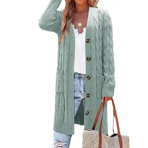 2025 Knitted Pocket Cardigan Autumn Winter Long  Knit Button Cardigan Sweater Coat