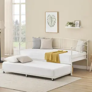 【Christmas Gift】Twin Daybed with Trundle Metal Twin Size Daybed with Pullout Trundle 6 Casters Steel Slat Support Sofa Bed for Living Room Bedroom Guest Room No Box Spring Needed White
