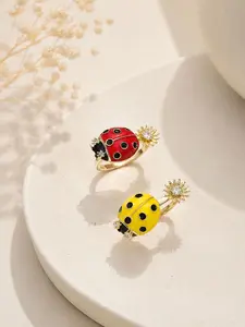 Adjustable Ladybug Ring, Enamel Ladybug with Sunflower Zircon, Cute Stress Relief Anxiety Relief Ring, Open Ring, Japanese Style Insect Jewelry Gift