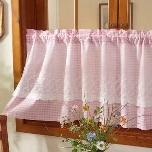 1panel Sweet Plaid Lace Embroidered Semi-Transparent Mini Curtain, Rod Pocket Hanging, Suitable for Small Windows, Living Room, Bedroom, Dining Room, Kitchen, Easy Installation, Home Decor Curtains