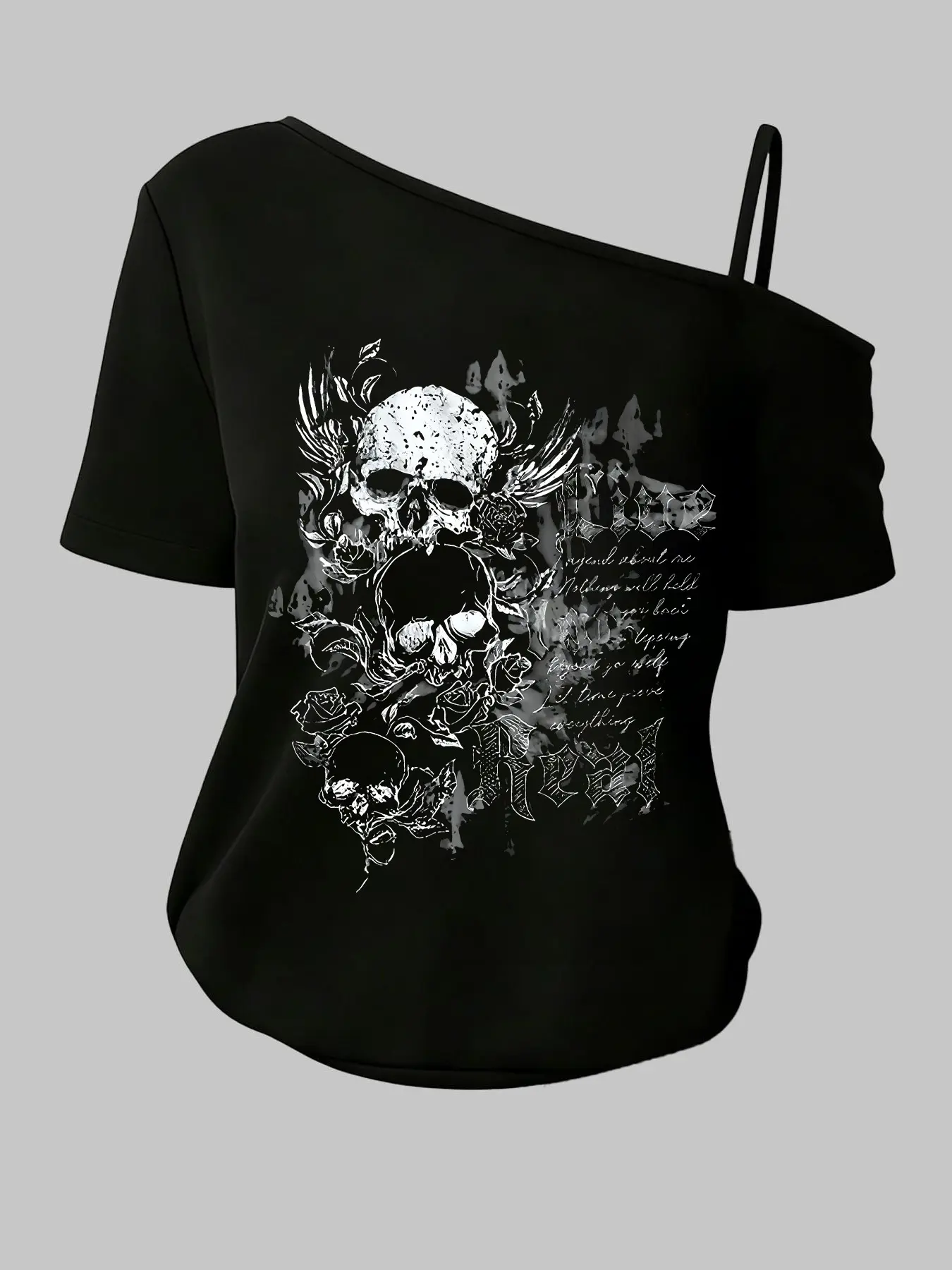 Y2K Gothic Skull Graphic Tee, Asymmetrical Shoulder Design, Loose Fit Streetwear, Summer Single Wear & Spring Layering