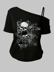 Y2K Gothic Skull Graphic Tee, Asymmetrical Shoulder Design, Loose Fit Casual Streetwear, Summer Single Wear & Spring Layering