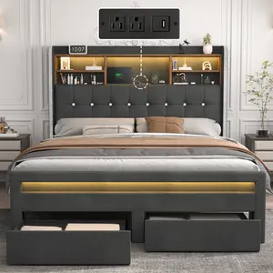 Sibeds Wood Platform Bed Frame with Bookcase Storage Headboard and 2 Drawers, 52" Ultra-High LED Bedframe with Charging Station, Linen Upholstered Crystal Button Tufted Wingback Beds with Footboard, Dark Grey
