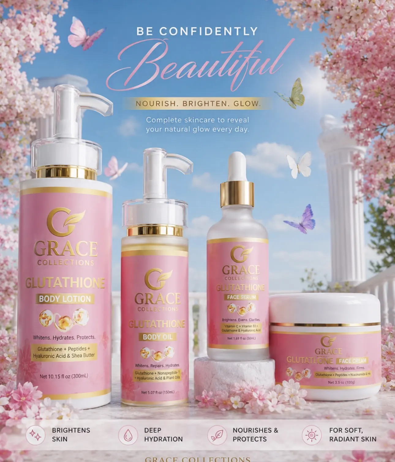 Gluta Brightening Body Care Set - Soap, Body Oil, Moisturizing Lotion, Soothing Cream, Hyd