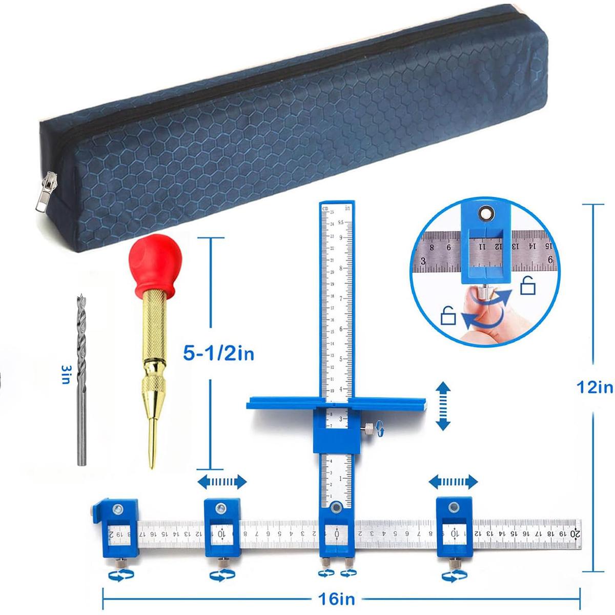 Cabinet Hardware Jig, Precision Adjustable Cabinet Handle Jig with Automatic Center Punch & Drill Bits, Drilling Guide Template for Knobs & Pulls on Kitchen Cabinet Doors and Drawers