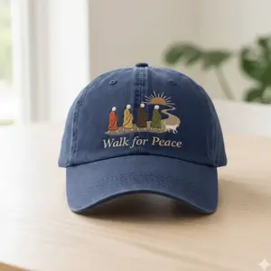 Walk For Peace Washed Hat, Zen Monk Walking Graphic Cap, Buddhist Compassion Aesthetic, Pigment Dyed Vintage Hat, Unisex Spiritual Streetwear