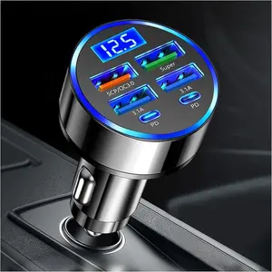 6-in-1 Multi-Port Car Charger with Voltage Detection, 2PD+3USB+QC3.0 Fast Charge Cigarette Lighter Plug Adapter Compatible with iPhone,Android,Samsung,iPad Pro and More