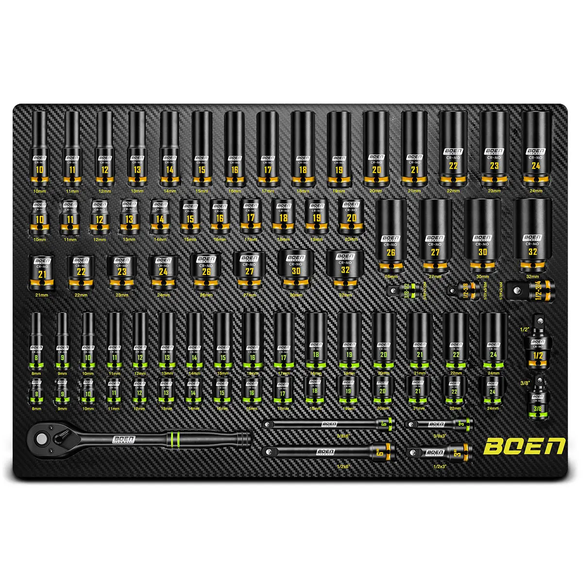 BOEN Pro 80-Pieces 1/2" & 3/8" Drive Master Impact Socket Set, 6 Point Metric Deep & Shallow Sockets (8-32mm), Cr-Mo, Includes 1/2" Drive 90-Tooth Handle Wrench for High-Torque Applications