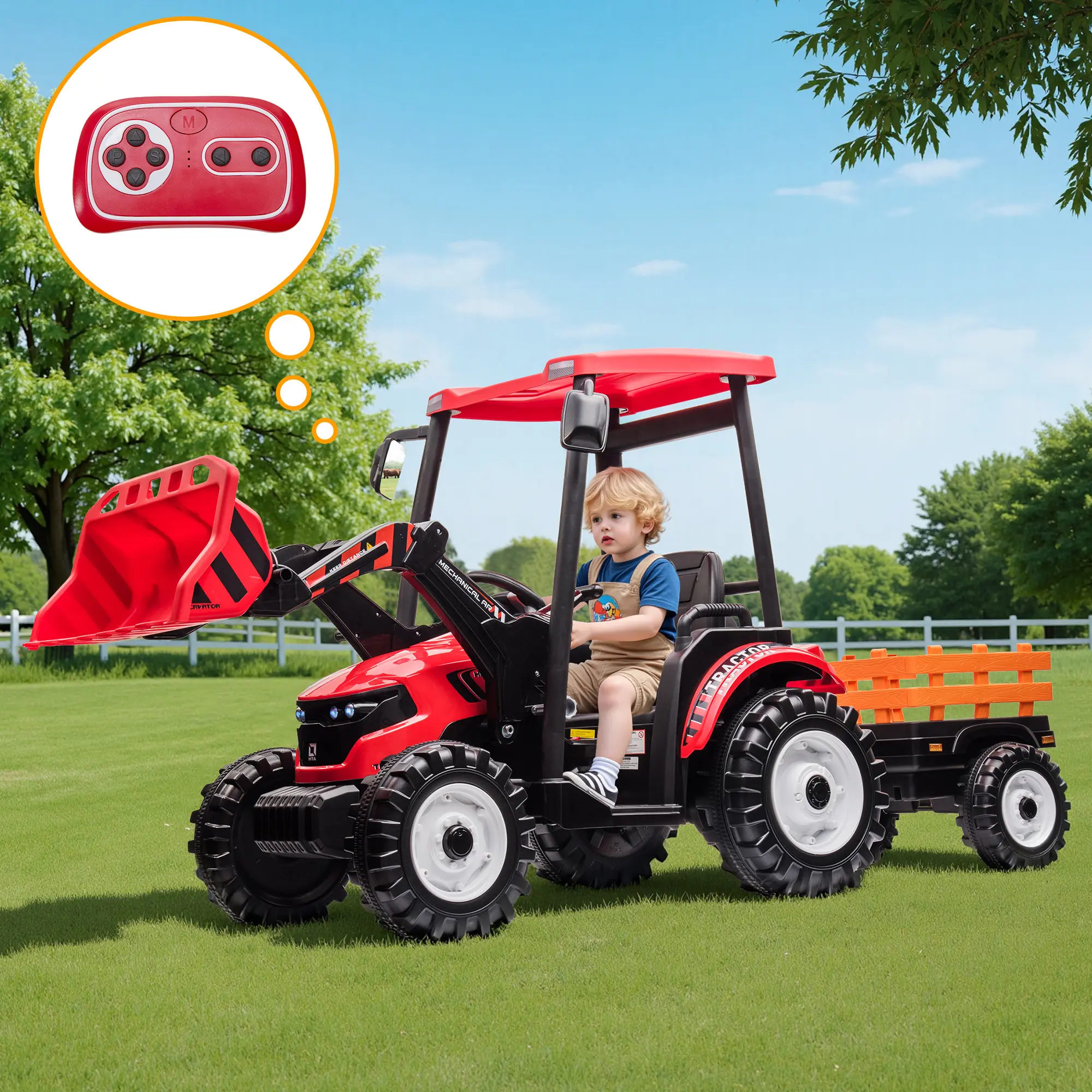 [SummerWins] [SummerFinds] ALBOTT 3 Color Carts for Kids,  24V Ride on Tractor for Ages 3-8, 3-in-1 Electric Construction Vehicle with Trailer & Front Loader, Dual Motors, All-Terrain Wheels, LED Lights, Outdoor Gift for Boys& Girls