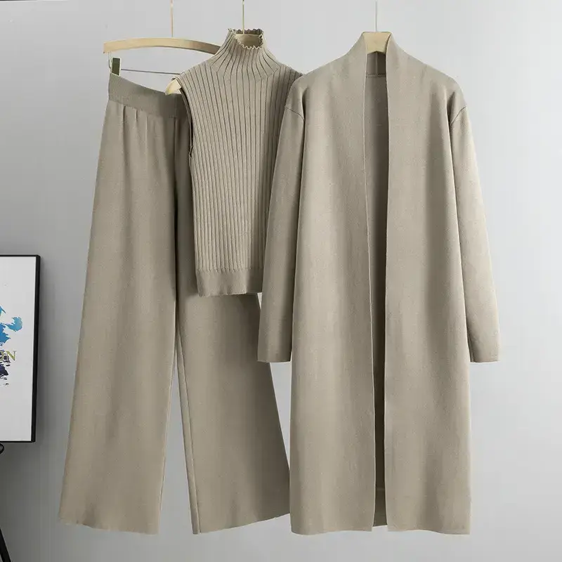 Three-Piece Set Women's Solid Turtle Neck TankTop & Wide Leg Pants & Open Front LongCardigan Set, Casual Fashion Cozy Three-pieceOutfits for Daily Outdoor Wear, Women Clothesfor Fall & Winter