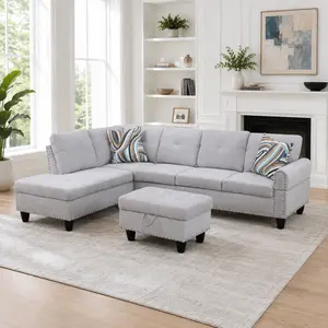 97" L Shaped Sectional Couch with Storage Ottoman, Modular Fabric Sofa with Chaise & Cup Holders for Living Room