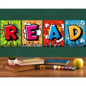 4pcs Frameless Classroom Decorations Reading Poster for Teachers Bulletin Board and Wall Decor for Pre School Elementary Middle School Library Read Sign 8*10inches