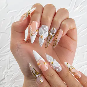 Lovful NEW DROP Collection Handmade Acrylic Press On Nails 10PCS Reusable Salon Quality 3D Flower Rhinestones for Flawless Long Lasting Look Manicure
