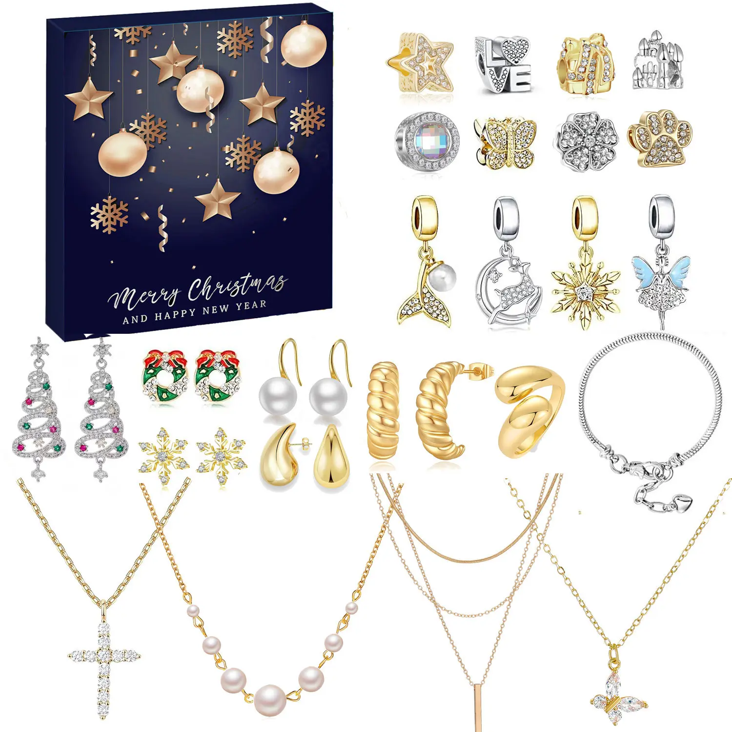 New Christmas Gift Countdown Calendar Jewelry Blind Box Earrings Necklace Bracelet Gift Box Girls' Gifts, Festive Accessory Set