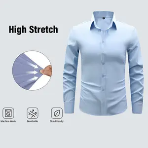 Men's slim-fitting elegant solid-color long-sleeved shirt, lightweight geometric pattern with smooth texture, casual formal wear for multiple occasions, four-season shirt, smooth formal wear, tailored and fit