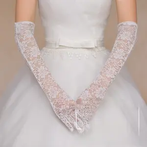 Elegant White and Red Lace Long Bridal Gloves Full-Finger Five-Finger Wedding Accessories for Marriage Fashionable Bridal Dress Complement