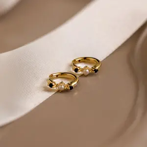 Pearl & Onyx Hoop Earrings by Caitlyn Minimalist - Dainty Mixed Gemstone Huggie Earrings - Birthstone Jewelry - Best Friend Gift