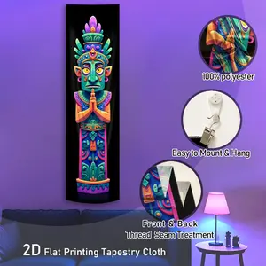 2D Flat Printing Vertical Black Light Tapestry | Tribal God Figure Pattern Wall Tapestry for Bedroom | Cartoonish Aesthetic Glow in the Dark Tapestries | Blue-Green Hue UV Reactive Wall Hanging for Autumn Home Decor | Halloween & Christmas Gifts