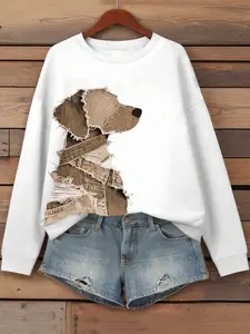 Women's Round Neck Sweatshirt, Campus Style, Simple Minimalist Youthful Fashion, Casual Holiday Wear, Long Sleeve, Animal Dog Pattern, All Seasons