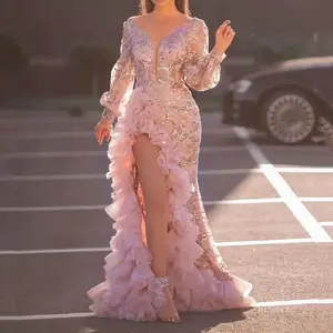 Women's Fashion Brand Sexy Mesh Tail Sequin Slit Pink Evening Dress Formal Party cocktaildress