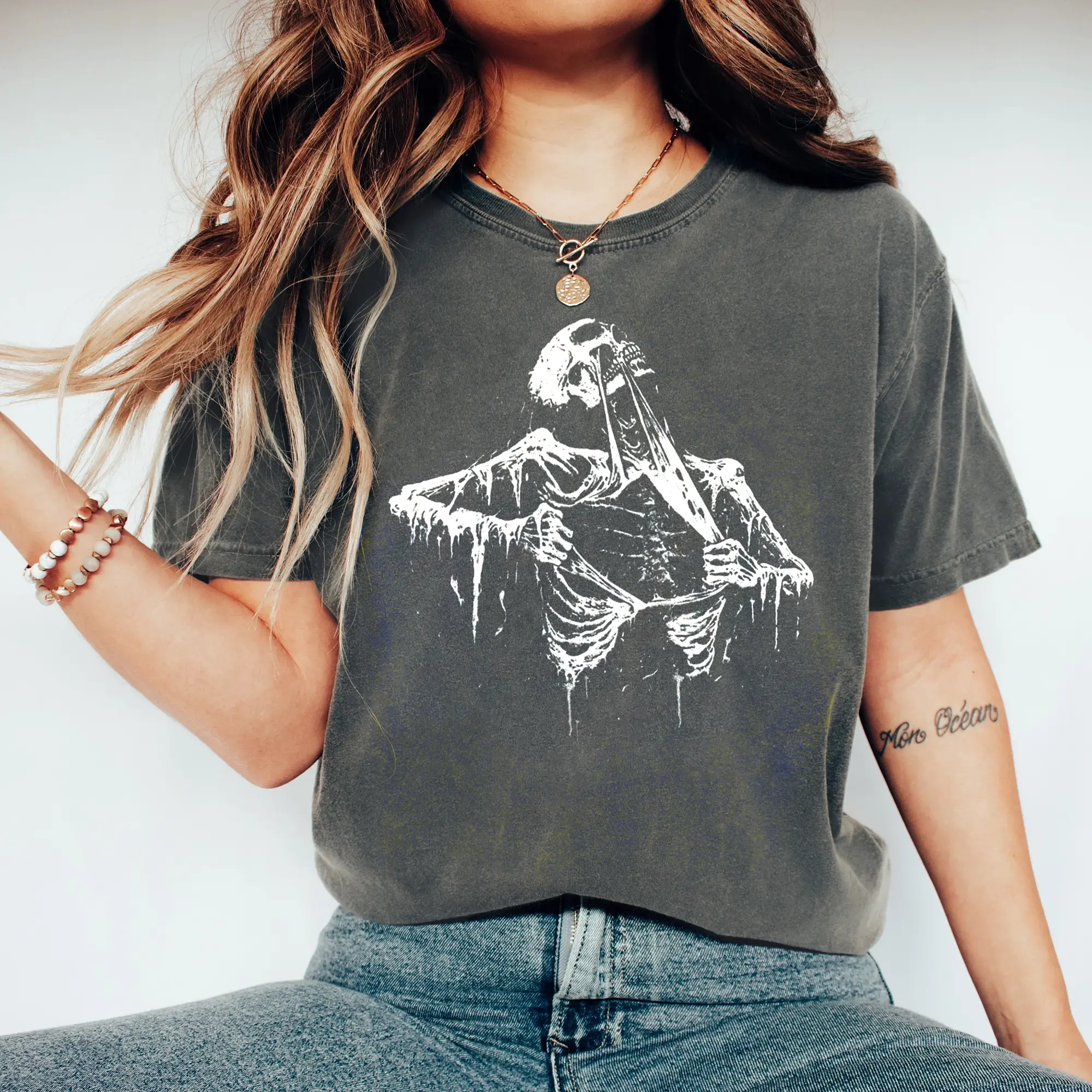 Graphic T-shirt, Skeleton Ribcage Print, Gothic Horror Streetwear, Unisex Dark Aesthetic Tee