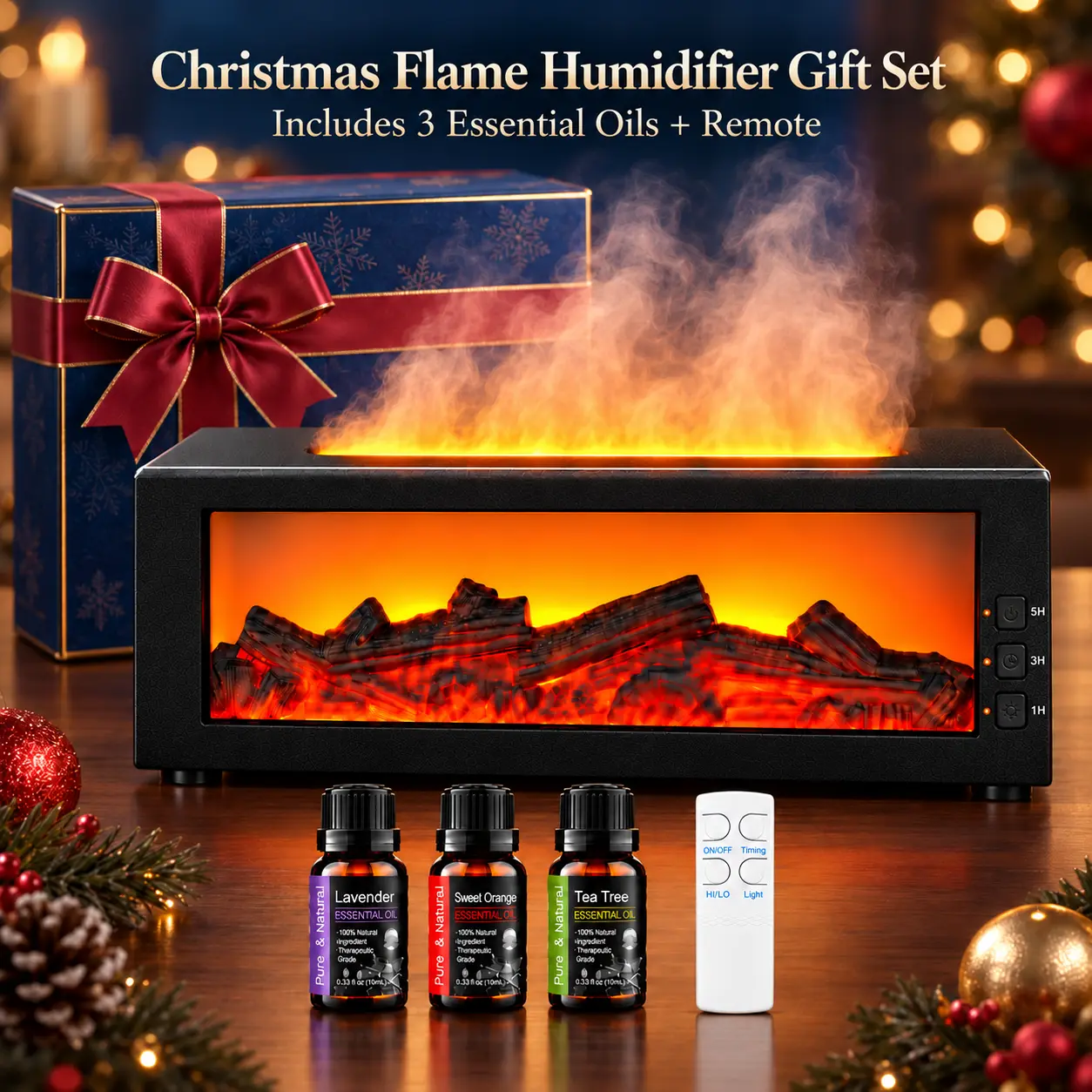 Flame Humidifier Essential Oil Diffuser, 300mL Fireplace Design with Cool Mist, Remote Control, 6-Color LED Light, Timer and Essential Oil Set Options