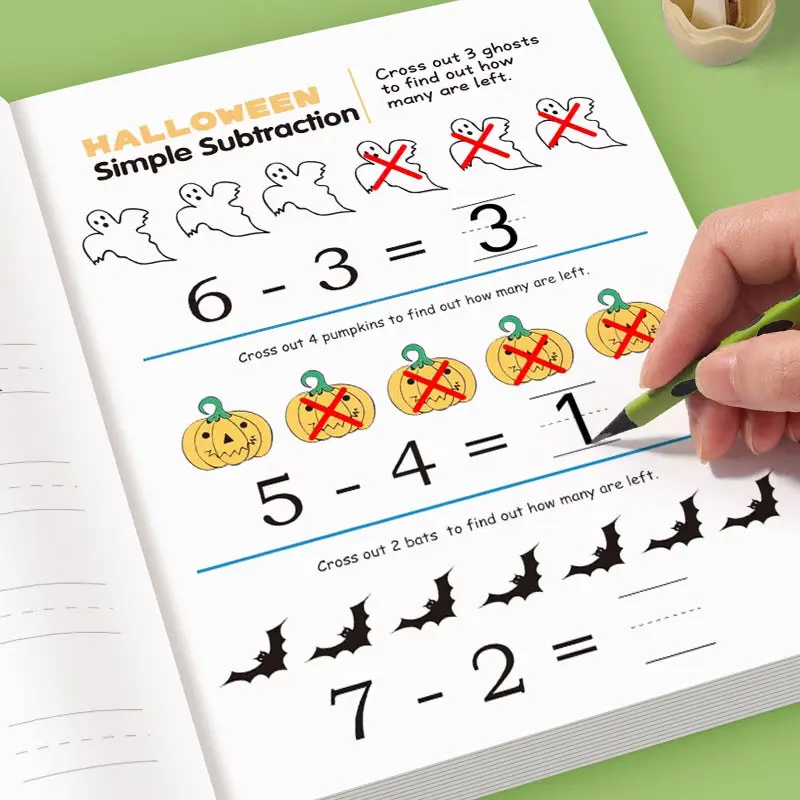 Kindergarten Addition and Subtraction Practice Book - 64 pages + math stories and puzzle games, Enhances counting fluency through animals, food, and transportation, Re-usable erasable pages, Preschool Learning Materials, Teaching Supplies