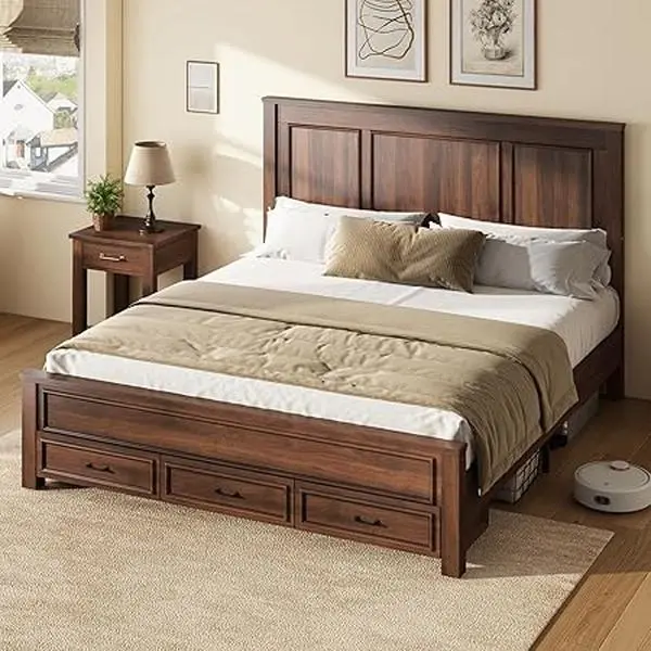 Amerlife Queen Bed Frame - 52.2" Tall Rustic Headboard, Footboard, Wooden Platform, 3 Large Storage Drawers, Noiseless, No Box Spring Needed, Freestanding, Stable, Strong, Charming & Functional, Assembly Required, Fits Queen Mattress, Durable