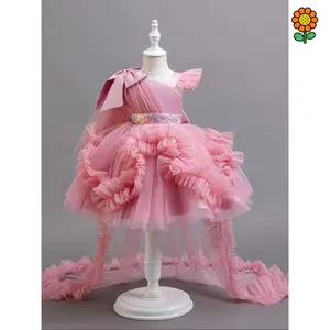 DZP-Girls' Princess Tutu Dress with Ruffled Sleeves & Flared Skirt - Soft Viscose-Polyester Blend, Pink Party Dress for Birthdays, Weddings, Special Occasions - Hand Wash Only, Princess Dress