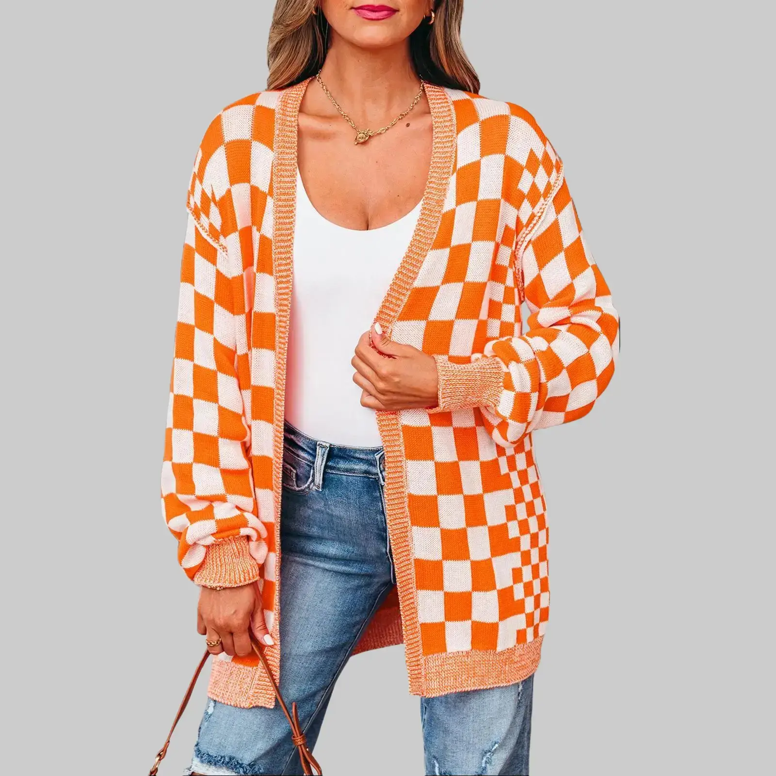 Plus Size Orange Checkered Cardigan, Soft Knit Open Front Top with Drop Shoulder Bubble Sleeves, Tops