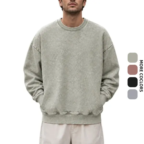 Men's Washed Cotton Blend Sweatshirt with Hidden Side Pockets, Vintage Crewneck French Terry Pullover for Everyday Wear Casual Classic