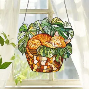 Orange Cat Monstera Suncatcher, Fade Resistant Acrylic Window Hanging
