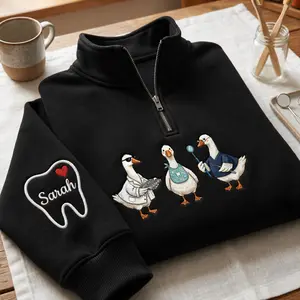 Dentist Goose Embroidered Quarter Zip Sweatshirt, Custom Name Sleeve Dental Shirt, Cute Mama Dentist Gift, Dental Hygienist Gift