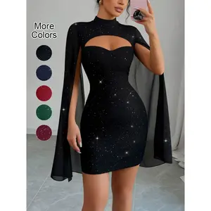 Women's sequined stand up collar hollowed out slim fit open collar dress, suitable for sexy slim fit dresses at parties, nightclubs, and date nights, women's fashionable and elegant clothing, hollowed out, women's clothingRAIMENTRY
