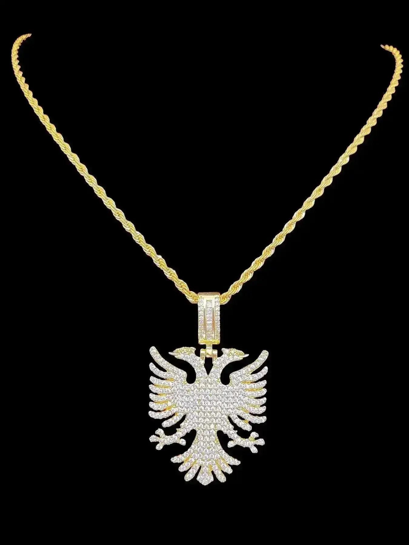 Albanian Eagle Zircon Pendant Necklace, Stainless Steel Chain, Men Women Hip Hop Punk Jewelry, Vintage Fashion, Decorative Necklace, Daily Wear & Party Gift, Zircon Stones Necklace