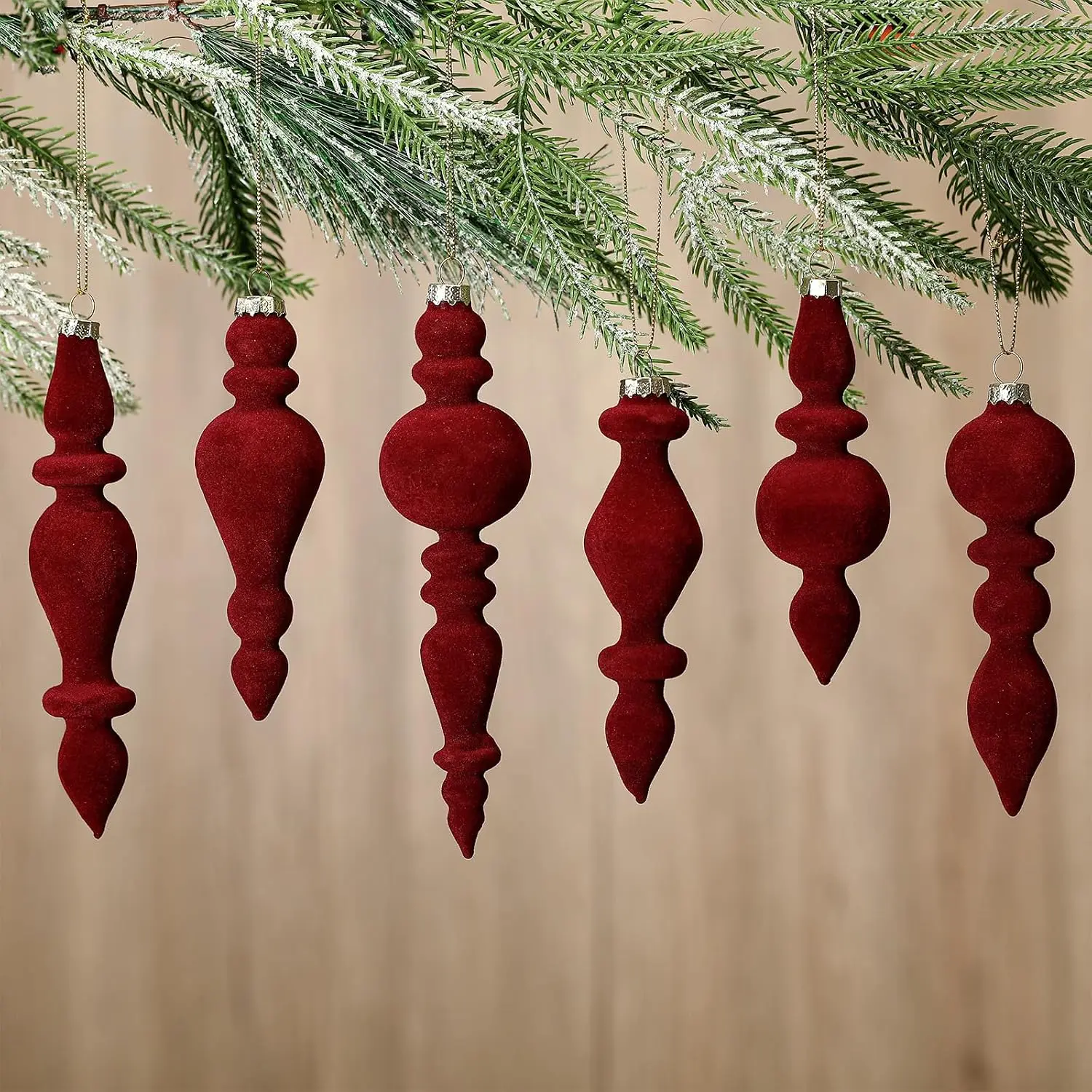 6 Pcs 7.1 Inch Velvet Finial Christmas Tree Ornament Assorted Vintage Hanging Glass Finial Ornaments for Home Xmas Tree Fireplace Window Door Holiday Party Decoration