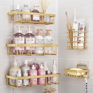 Gold Bathroom Accessories 5-Pack Rust-Proof &Waterproof Shower Rack No Drilling Required Stick-OnStorage Rack with Toothbrush & Soap Holder Large-Capacity Minimalist Design