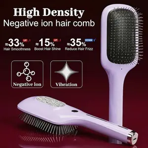 Negative ion hair care comb with vibration massage for the scalp, electrically designed to detangle hair. 30 million ions. Dual frequency to reduce frizz. Stimulates the scalp, increases hair volume, enhances shine, and promotes smooth hair combing.