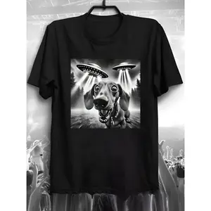 Men's science fiction featuring a dachshund and UFOs Graphic T-Shirt - Short Sleeve Crew Neck Regular Fit Casual Wear | Soft & Breathable Fabric, Durable Print, Everyday Comfort, Machine Washable, digital art with a surreal and humorous tone a forest at