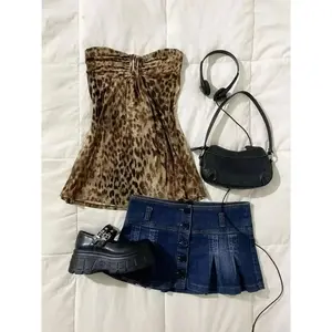 Women's new leopard print pleated strapless crop top, elastic digital printed party outfit, perfect for parties and eventsRAIMENTRY