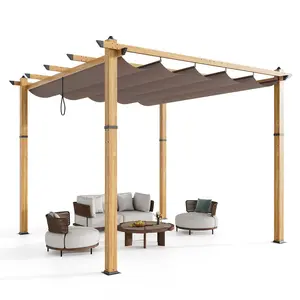 Garvee 10x10 ft Aluminum Pergola with Retractable Canopy, Imitation Wood Grain Appearance, Modern Metal Patio Pergola for Garden Backyard Deck Grape Trellis Porch, Khaki
