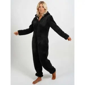 Women's hooded pajama set, autumn and winter slim fit plain color long sleeved jumpsuit, women's thick plush home clothesRAIMENTRY