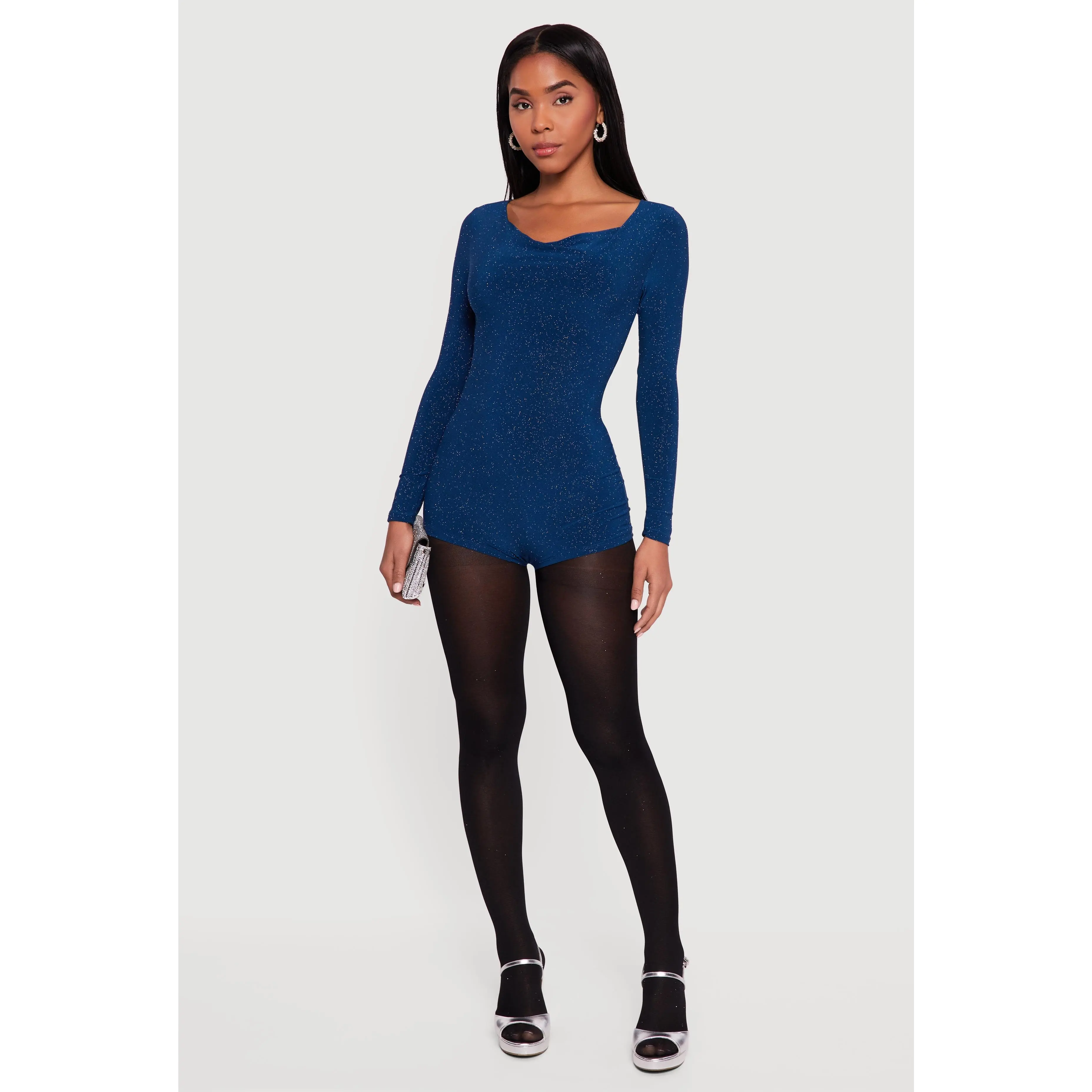 Glittery Long Sleeve Cowl Neck Romper