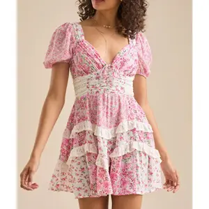 Women’s Floral Mini Dress – Stylish A-Line Design with Tie Bow, Lace Trim, V-Neck, and Short Sleeves