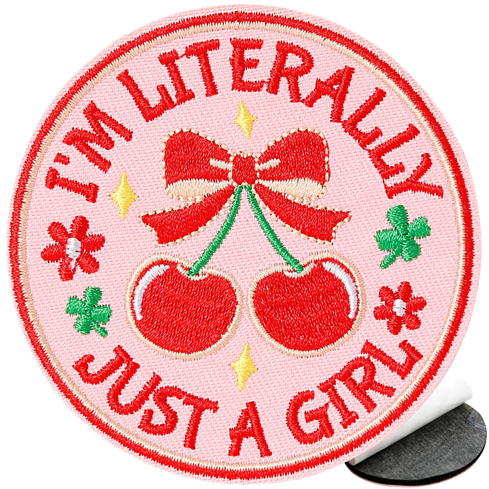 1 Count I'm Literally Just A Girl Pink Cherry Hook and Loop Patch, Funny Red Cherry Cute Patch for Girl, Women, DIY Embroidered Applique Embroidery Design for Backpacks, Vests, Bags, Hats, Dog Harnesses, Applique Patches