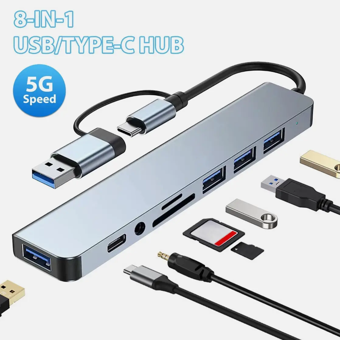 MFLABEL 8 Port USB-C Hub Type Adapter 5G Speed Multi USB Splitter for PC Laptop Macbook High-Speed Charging Data Transfer USB 3.0 2.0 Type-C