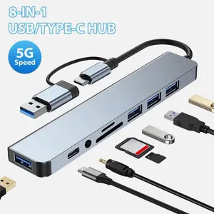 MFLABEL 8 Port USB-C Hub Type Adapter 5G Speed Multi USB Splitter for PC Laptop Macbook High-Speed Charging Data Transfer USB 3.0 2.0 Type-C
